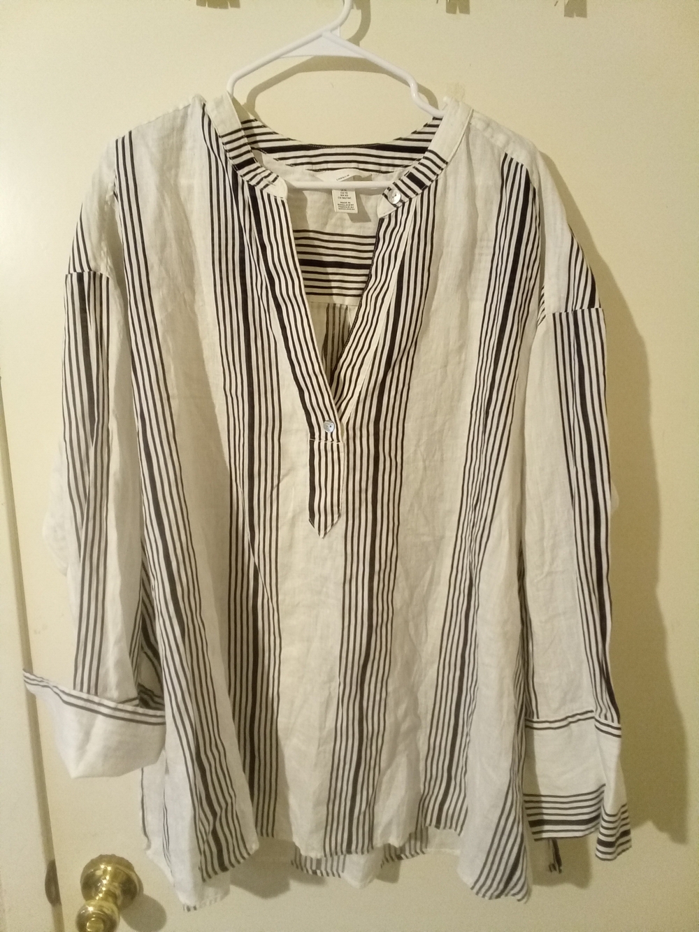 White Linen Shirt with Black Vertical Stripes Sz XL